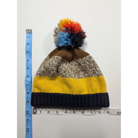 Hanna Andersson Striped Pom-Pom Beanie Hat Colorful Yellow Brown Blue Cotton Lar - Picture 6 of 6